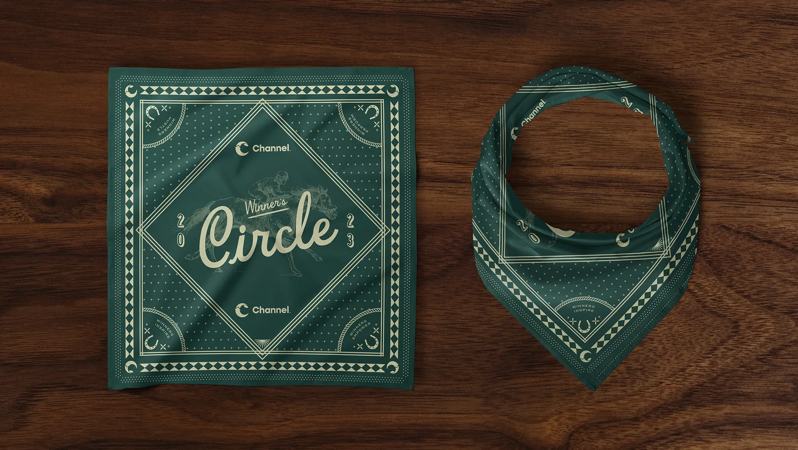 A mockup of green bandanas with Seedsman Ignite branding.