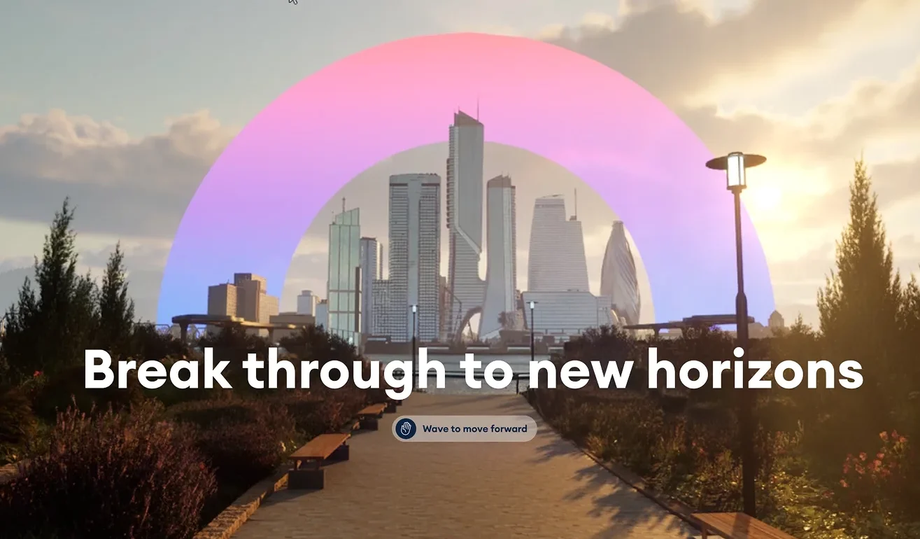 A cityscape with a purple and pink gradient shape surrounding it. Text that reads "break through to new horizons" and a prompt that instructs you to "Wave to move forward."