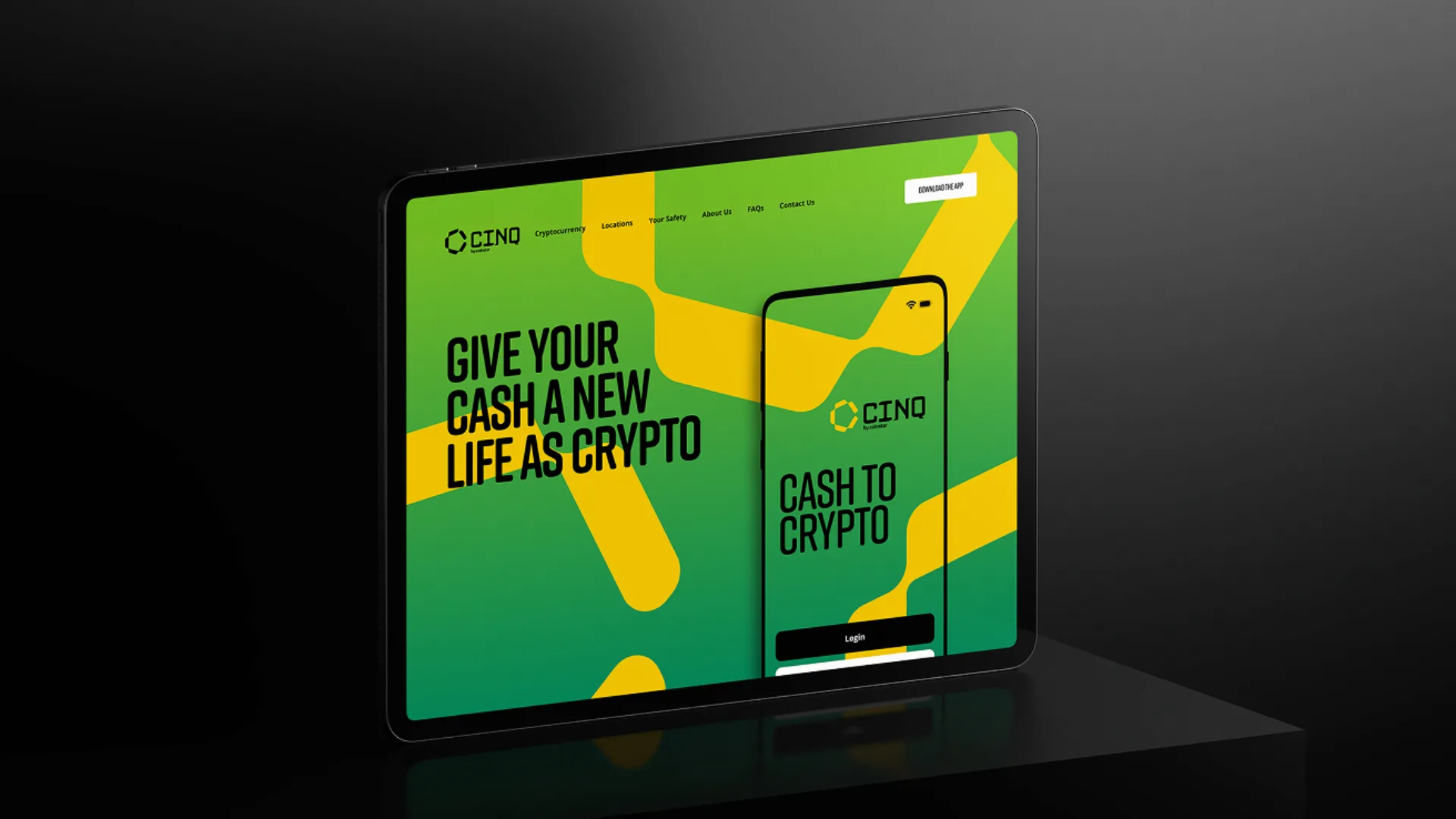A tablet with the screen displaying CINQ branding that reads: "Give Your Cash a New Life as Crypto".