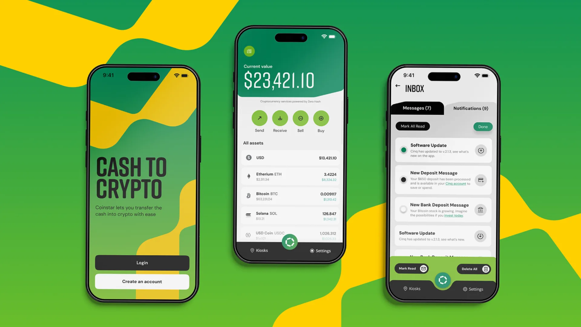 Three mobile screen displaying different parts of the CINQ app. The Login screen that read "Cash to Crypto - Coinstar lets you transfer the cash into crypto with ease", the Asset screen that displays all crypto assets and current values, and the Inbox screen that displays notifications and messages.