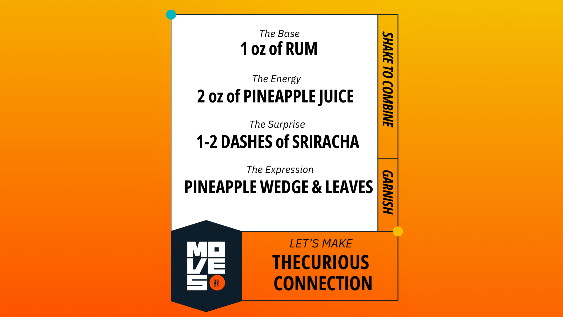 The base: 1oz of rum. The energy: 2oz of pineapple juice.
The surprise: 1-2 dashes of siracha. The expression: pineapple wedge and leaves
