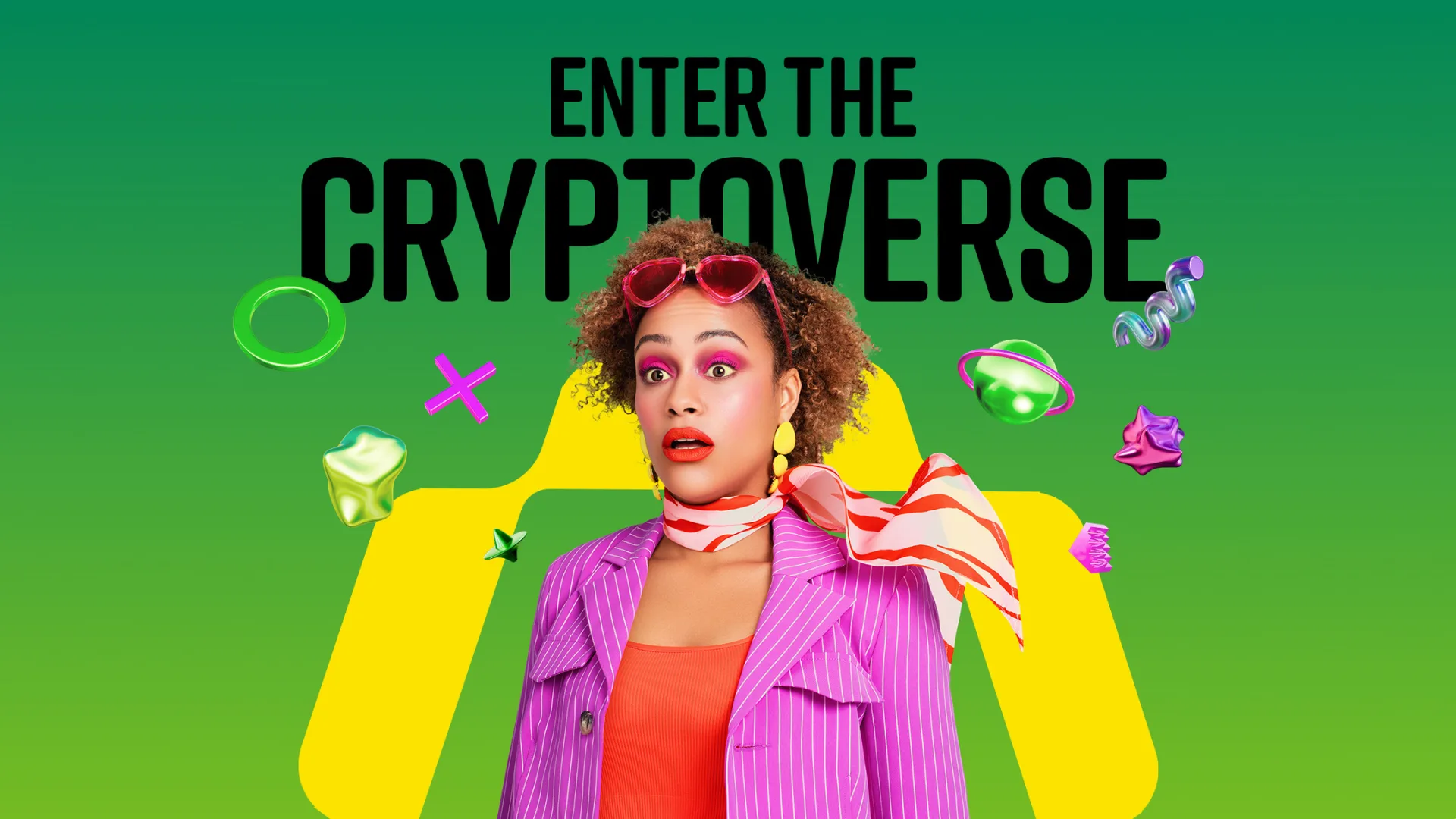 A women wearing bright colors and makeup with text in the background that reads: Cash in your ticket to the Cryptoverse.