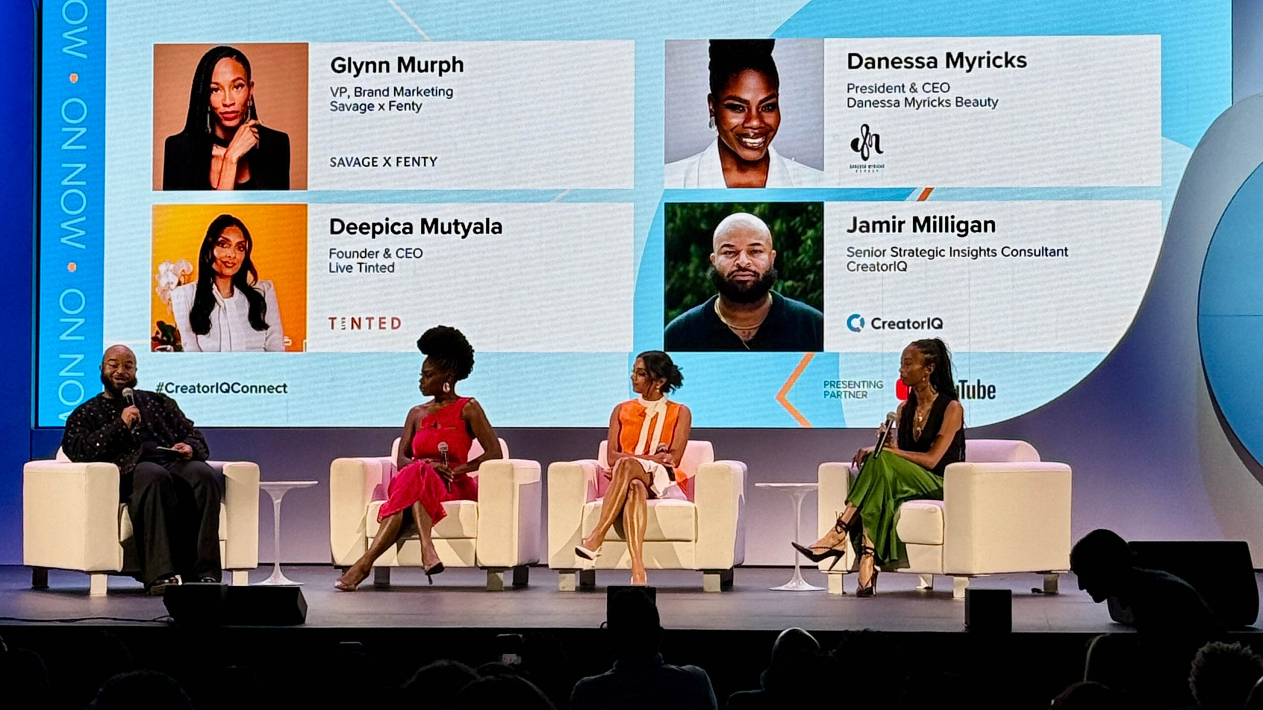 A closer look at the four speakers on stage at CreatorIQ. Glynn Murph - VP, Brand Marketing for Savage x Fenty, Deepica Mutyala - Founder and CEO of Live Tinted, Danessa Myricks - President and CEO of Danessa Myricks Beauty and Jamir Milligan - Senior Strategic Insights Consultant for CreatorIQ.