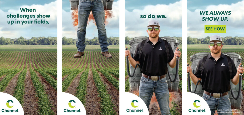 Four across images of a digital banner ad of a channel seedsman with a backpack sprayer acting as a jetpack